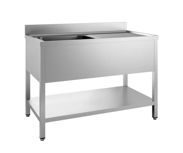 Spüle 1 Becken und Abtropffläche rechts mit Rückwand und abnehmbarem Regal - L 1200 x T 700 mm