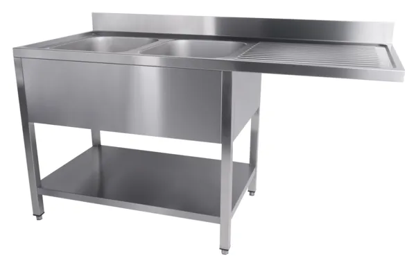 Tauchbecken 2 Becken und Durchgang für Geschirrspüler rechts mit Rückwand und abnehmbarem Regal - L 1600 x T 700 mm