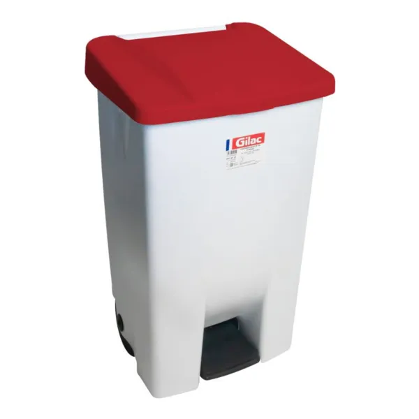 Pedal-Mülleimer mit rotem Deckel und Rollen - 80 L