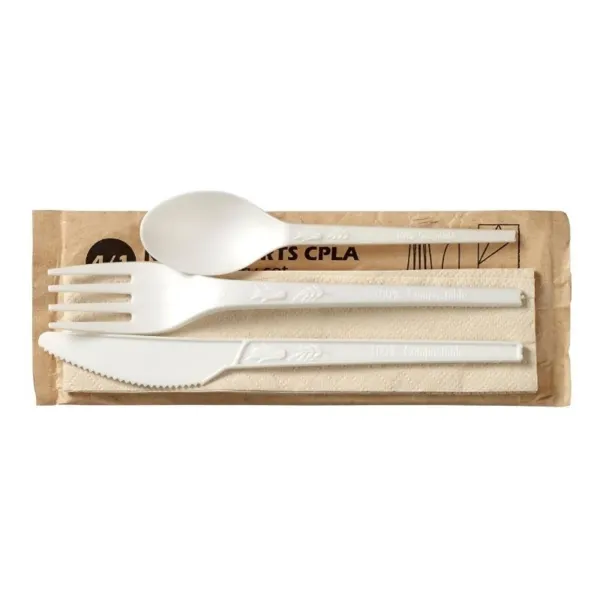 Couverts en CPLA - Kit 4 Pièces : Couteau, Fourchette, Cuillère, Serviette - Lot de 250